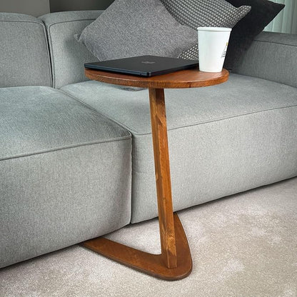 C-Shaped Handmade Solid Wood End Table, Side Table for Couches, Sofa Tables Slide Under Couch for Living Room, Over Couch TV Tray Table for Small Spaces (Medium, Chestnut)