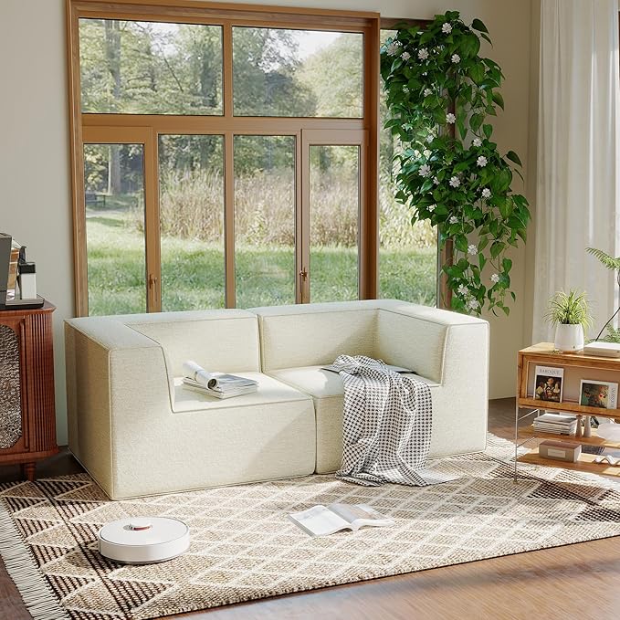76" Sectional Compressed Sofa Modular Couches Loveseat 2 Deep Seat,High-Density Foam No Assembly Required,2-Piece(2xCorner) for Living Room Fabric Chenille Beige