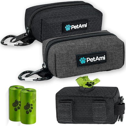 PetAmi Dog Poop Bag Holder for Leash Attachment, Doggie Zipper Pouch Soft Fabric Poop Bag Carrier, Dog Pet Waste Bag Dispenser with Carabiner Clip, 1 Roll of Dog Trash Bag (Black/Gray, 2 Pack)