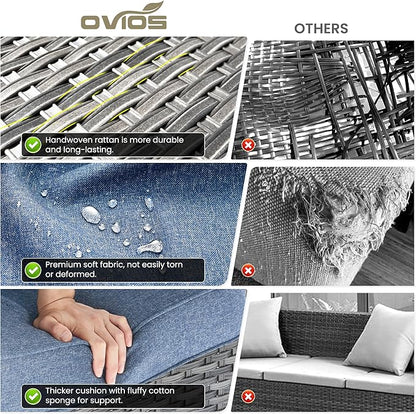 ovios 5 Pieces Patio Furniture Set, Outdoor Wicker Sofa Couch with Swivel Chairs 42" Fire Pit Table, High Back Modern All Weather Conversation Sets, Grey Rattan, Denim Blue