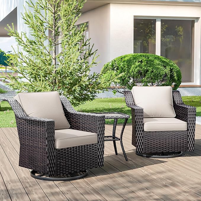 3 Pieces Wicker Patio Furniture, Luxury Outdoor Rattan Furniture with 2 Patio Swivel Chair,Side Table, Wide Armrest, Thickened Cushions, Ideal for Deck, Porch Use