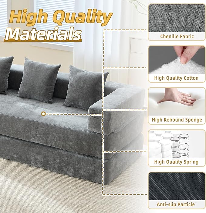 Convertible Floor Sofa Bed with Storage Pocket, Chenille Folding Mattress Sofa with Zipper Closure, Floor Lounge Couch for Living Room, Bedroom, Studio -Gray