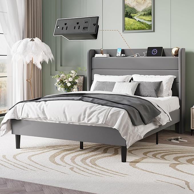 SHA CERLIN Queen Bed Frame with Charging Station, Velvet Upholstered Platform Bed, Wingback Storage Headboard, Type-C & USB Ports, Strong Wooden Slats, No Box Spring Needed, Easy Assembly, Grey