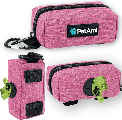 PetAmi Dog Poop Bag Holder for Leash Attachment, Doggie Zipper Pouch Soft Fabric Poop Bag Carrier, Dog Pet Waste Bag Dispenser with Carabiner Clip, 1 Roll of Dog Trash Bag (Pink, 1 Pack)