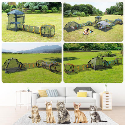 Cat Play Tunnel + Cube(with Three Ways) for Indoor and Outdoor, Kitty Play House, Cat Enclosures, Collapsible Kitty Tent, Kitten Toys Easy to Connect with Kitty Tent（2 Tunnels + Cube ）