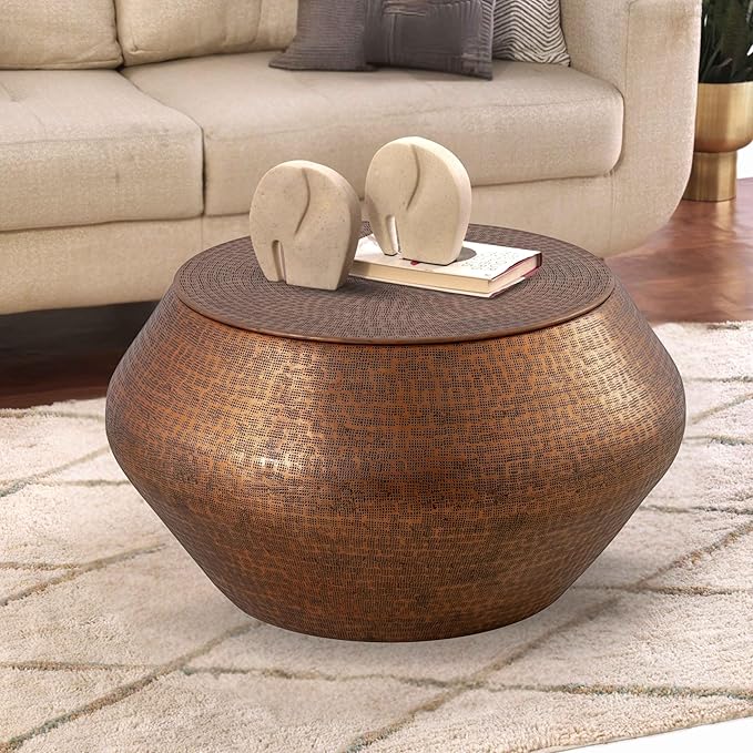 Albany Living Modern Cylindrical Aluminum Hammered Embossed Texturing, Metal Drum Coffee Table with Removable Lid for Storage,Fully Assembled, for The Living Room and Bedroom, Copper