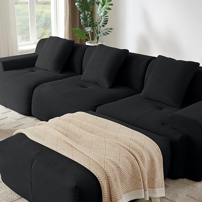 Cilee 113" Modular Sectional Sofa, Cloud Couch with Deep Seat, L-Shape Boneless Sofa, 3 Seat Memory Foam Sofa, No Assembly Required, Upholstered Couch for Living Room, Movable Ottoman, Corduroy, Black