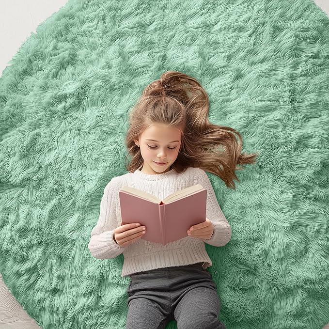 OLANLY Mint Green Round Rugs for Bedroom - Machine Washable, 5 ft Circle Area Rugs for Living Room, Soft and Fluffy Shaggy Carpet for Teen Girls and Boys, Nursery Rooms, Dorms, Home Decor Aesthetic