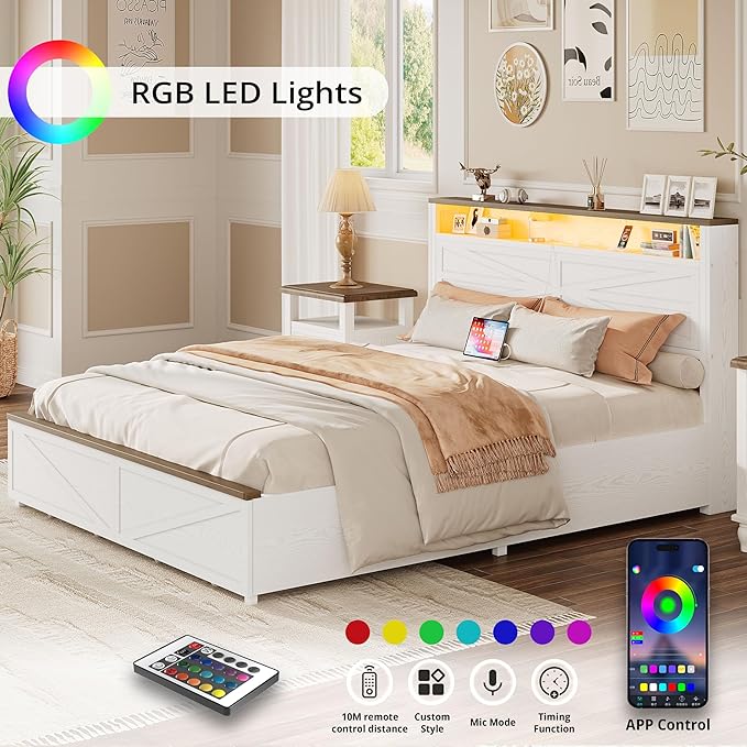 IRONCK Farmhouse Queen Size Bed Frame with LED Light and Charging Station, Wood Bed Frame with Storage Headboard and 2 Drawers， Barn Door Design, Sturdy and Noiseless, White
