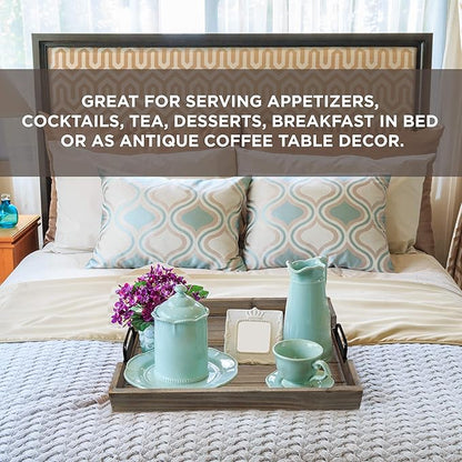 3 Pie­ce Decorative Nested Vintage Wood Serving Tray Set for Coffee Table or Ottoman – Rustic Wooden Breakfast Trays for Kitchen, Dining Room, or Living Room – Farmhouse Platter w/Handles - Barnwood