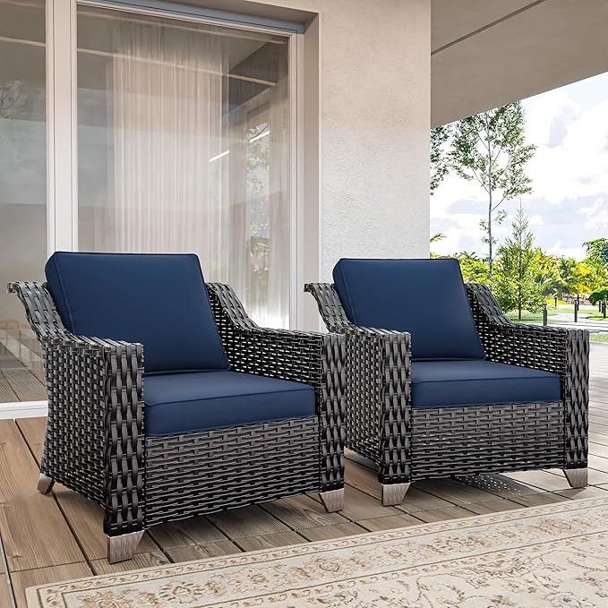 Wicker Patio Chairs Set of 2, Luxury Rattan Patio Furniture with Wide Armrest, Thickened Cushions, Outdoor Chairs for Deck, Porch Use