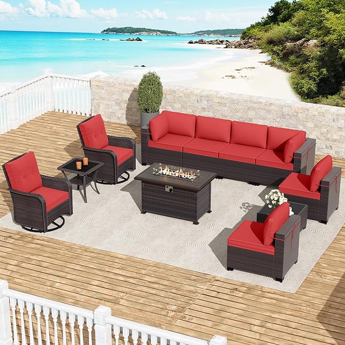 Gotland 11 Pieces Patio Furniture Set with Fire Pit Table Swivel Chairs, PE Rattan Outdoor Furniture with 29.5'' High Backrest 4’’ Thick Cushions, Outdoor Sectional for Porch, Deck, Garden, Red