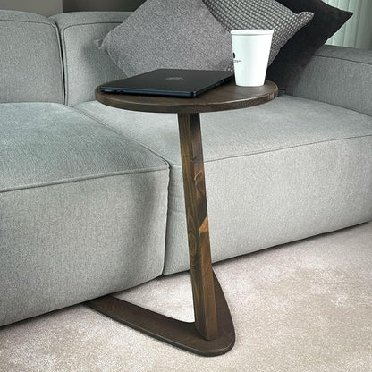 C-Shaped Handmade Solid Wood End Table, Side Table for Couches, Sofa Tables Slide Under Couch for Living Room, Over Couch TV Tray Table for Small Spaces (Medium, Dark Walnut)