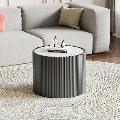 Grey Round Coffee Table with Sintered Stone Tabletop, 17.71" Drum Coffee Table with Fluted PU Leather Covered and Stable Base, Circle Cocktail Tea Table for Living Room