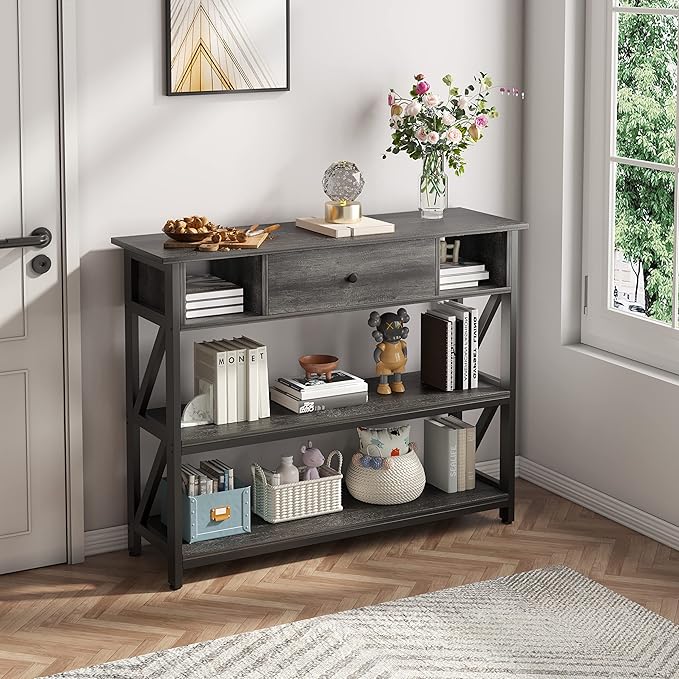 Mexin 39 Inch Console Sofa Table with Drawer, Entryway Table with Storage Shelves, Industrial Wood Hallway Table for Living Room, Couch, Foyer, Kitchen Counter, Grey Oak