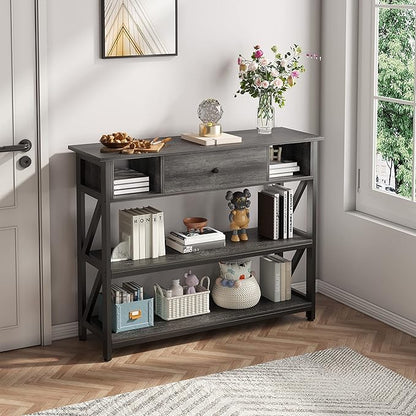 Mexin 39 Inch Console Sofa Table with Drawer, Entryway Table with Storage Shelves, Industrial Wood Hallway Table for Living Room, Couch, Foyer, Kitchen Counter, Grey Oak