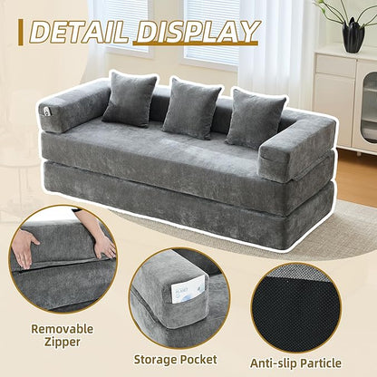 Convertible Floor Sofa Bed with Storage Pocket, Chenille Folding Mattress Sofa with Zipper Closure, Floor Lounge Couch for Living Room, Bedroom, Studio -Gray