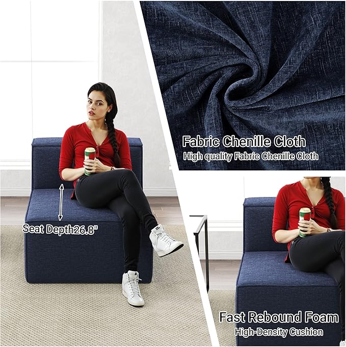 38“ Modular Sectional Sofa Convertible Cube Couch Seat Set, Combine L-Shaped U-Shaped, Free Assembly, Space-Saving for Living Room, Thick Foam Fabric Chenille Blue (Only Armless)