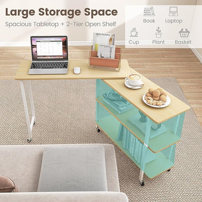 Giantex 360° Free Rotating Sofa Side Table, Mobile L-Shaped Laptop Desk with Sturdy Metal Frame, 6 Universal Casters, Movable Couch Snack Table with 2-Tier Storage Shelf for Home (Natural Maple)
