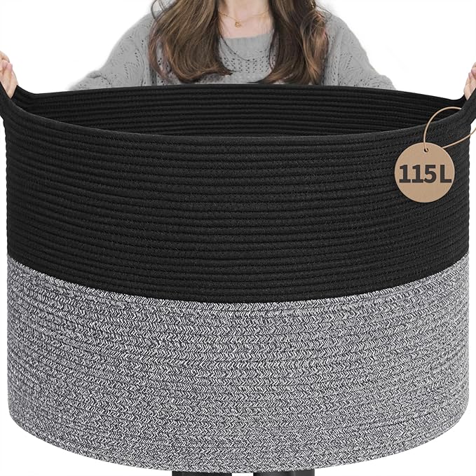 INDRESSME 115L Extra Large Cotton Rope Blanket Basket, Woven Basket for Toy Storage Organizer & Laundry Toy Box for Living Room Area & Nursery Room, Black & Grey