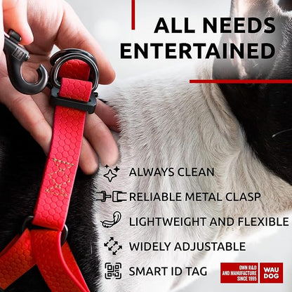 WAUDOG Waterproof Adjustable Dog Harness - Large, Medium, Small - Heavy Duty with Metal Clasp & QR Tag - Red (20-32in)