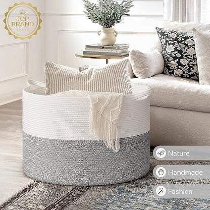INDRESSME 115L Extra Large Blanket Basket, Soft Cotton Rope Storage Basket for Organizing, Home Decor, Toys, Laundry & Towels, Toy Storage Organizer for Living Room & Nursery, Light Grey