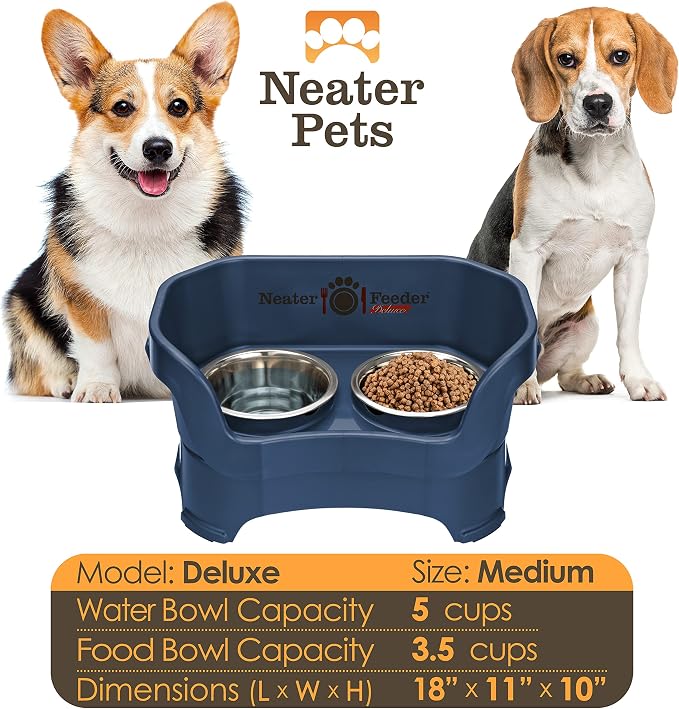 Neater Pet Brands Neater Feeder Deluxe Mess Proof Dog Bowls Elevated for Medium Dogs 19-40 lbs, Made in USA, No Spill Raised Dog Food Bowl Stand Feeding Station, Food and Water Bowl Set, Dark Blue