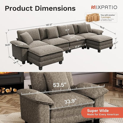 MIXPATIO 157-Inch U Shaped Sectional Sofa with Cloud Cushions, Deep Seat Modular Couch Set w/ 6 Seats & 2 Ottomans, Removable Arms, Plush Chenille Upholstery for Living Room, Apartment - Smoky Gray