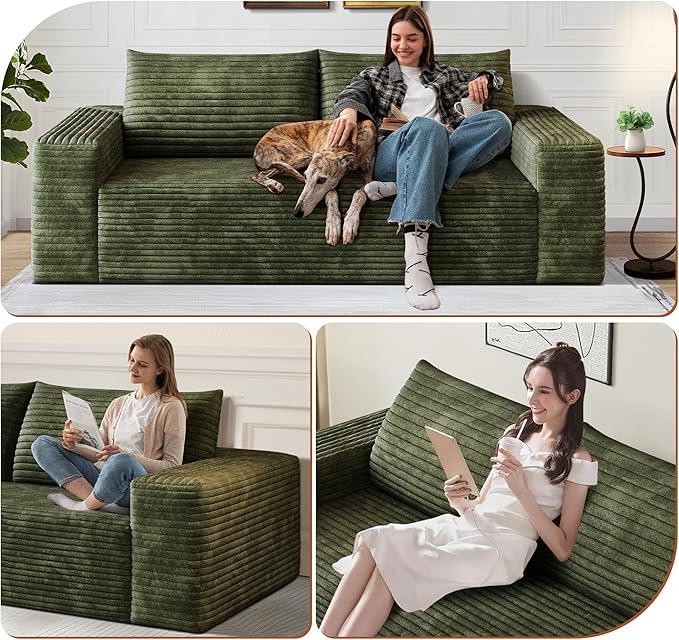 71" Corduroy Loveseat Sofa, 3-Seater Cloud Couch, Boneless Couch in a Box, Comfy Deep Seat Sofa with Memory Foam, Pillows and Wide Armrests, Modern Small Couches for Small Spaces, No Assembly (Green)