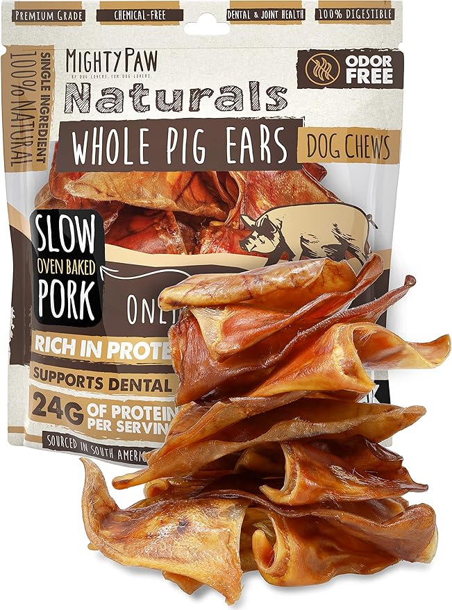 Mighty Paw Full Pig Ears for Dogs | All Natural Treats. Single Ingredient Pet Treat. Better Than Rawhide Dog Snacks for Puppy & Large/Medium Breeds. Pigs Ear Chews (12 Pack)