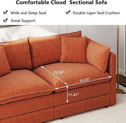 Aoowow Modular Sectional Sofa Modern Convertible L Shaped Couch,111.5 Inch Deep 3-Seater Sofas Set Comfy Chenille Cloud Sofas and Couches with Movable Ottoman for Living Room Apartment(Orange)