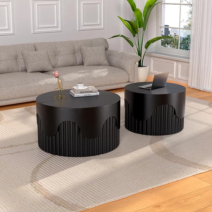 Round Nesting Coffee Table Set of 2, Round Fluted Coffee Tables for Living Room Modern Nesting End Side Tables for Small Spaces (E Black)