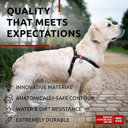 WAUDOG Waterproof Harness - Adjustable for Large, Small and Medium Dogs - Heavy Duty with Durable Metal Clasp and QR Tag - Boy & Girl - Black (24-35in)