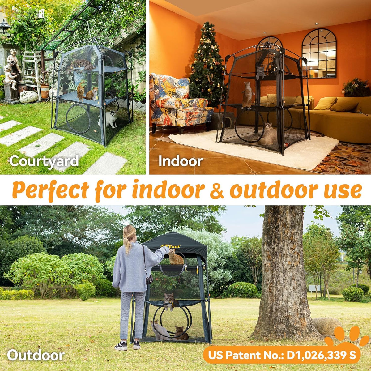 Extra Large Catio Outdoor Cat Enclosure,3 Tier Cat Tower Tent Weatherproof & Sunproof with 3 Doors, Foladable and Portable for Patio, Deck,Camping, Indoor & Outdoor(Patented)-Wave Shade