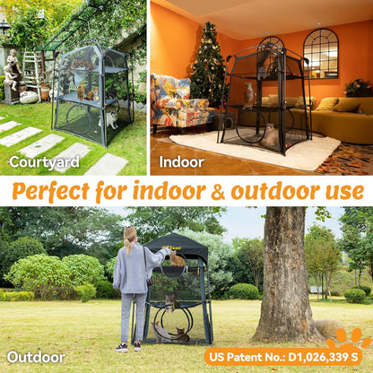 Extra Large Catio Outdoor Cat Enclosure,3 Tier Cat Tower Tent Weatherproof & Sunproof with 3 Doors, Foladable and Portable for Patio, Deck,Camping, Indoor & Outdoor(Patented)-Wave Shade