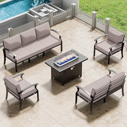 RTDTD Aluminum Outdoor Patio Furniture Set,5 Pieces 7 Seats Patio Conversation Sets with 45" Propane Fire Pit Table,Metal Patio Sectional Furniture Set w/5.1" Cushions for Porch,Deck,Backyard,Sand