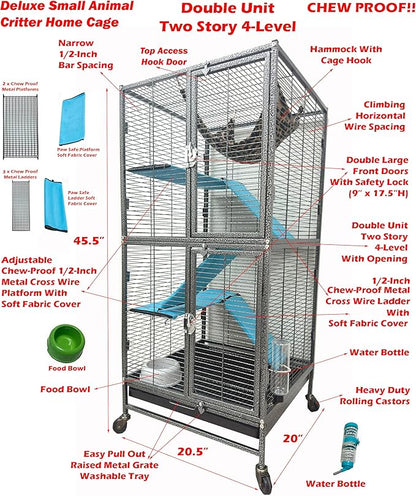 Two Full Story Deluxe Double Unit 4-Tier Chew-Proof Tight 1/2-Inch Bar Spacing Double Durable Front Doors Feisty Ferret Hammock Squirrel Chinchilla Rat Hamster Gerbil Small Animal Critter Rolling Cage