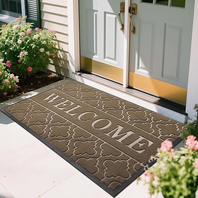 Yimobra Welcome Mat Outdoor Indoor, All-Season Waterproof Front Door Mat Outside Entrance, All-Weather Heavy Duty Non-Slip Doormat, Low Profile Porch Patio Entrance Mats, 60x36, Coffee