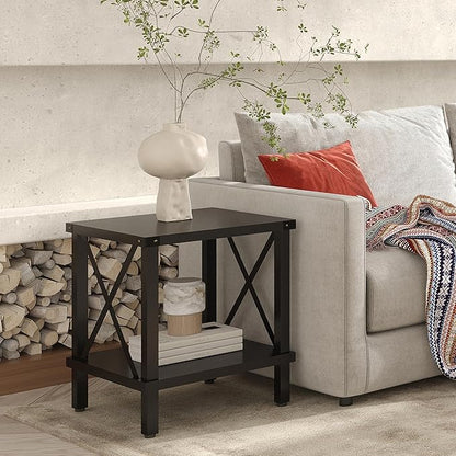 Large End Table Farmhouse Side Table Industrial Style Sofa Table Coffee Table Metal X Accent Wood End Table NightStand with Storage Shelf for Living Room Bedroom Black MLBZ16B