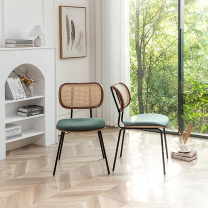 HOCEWI Rattan Dining Chairs Set of 4, Christmas Chair Mid Century Modern Dining Chairs with Cane Back for Kitchen Dining Room, 19 Inch Fabric Green