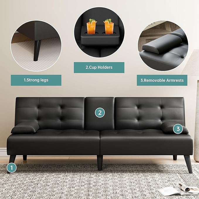 Meilocar Futon Sofa Bed Couch, Small Futon Set, Convertible Sofa Bed for Living Room Office, 2 Cup Holders, Removable Armrest, 3 Angles Backrest (PU Leather, Black)