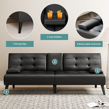 Meilocar Futon Sofa Bed Couch, Small Futon Set, Convertible Sofa Bed for Living Room Office, 2 Cup Holders, Removable Armrest, 3 Angles Backrest (PU Leather, Black)