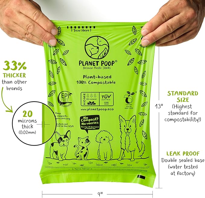 PLANET POOP Home Compostable Dog Poop Bags on Refill Rolls, 60 Un-Scented Pet Waste Bags, Thick Leakproof Plant-Based Doggy Bag, Cat & Dogs Supplies