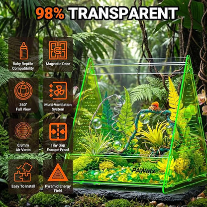 Triangular Jumping Spider Enclosure, Acrylic Terrarium with Magnetic Doors, 0.8mm Micro-Ventilation& Escape-Proof Design for Tarantulas, Lizards, Small Pets (Green,9.4"x10.9"x10.6")