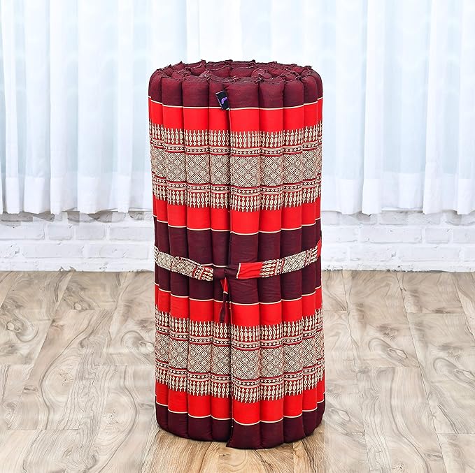 Leewadee - Foldable Floor Mattress - Japanese Roll Up Futon -Trifold Tatami Mat- Guest Floor Bed - Camping Mattress - Thai Massage Mat, Kapok Filled, 75 x 28 inches, Red