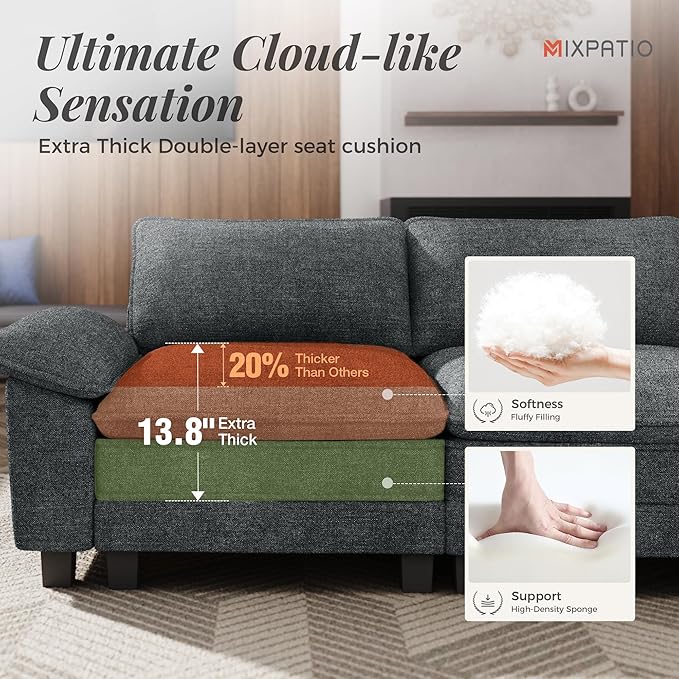 MIXPATIO L-Shaped Cloud Modular Sofa Set with Chaise Lounge, 5-Piece Sectional & Deep Seat, Plush Chenille w/Removable Arms for Living Room - Cyan
