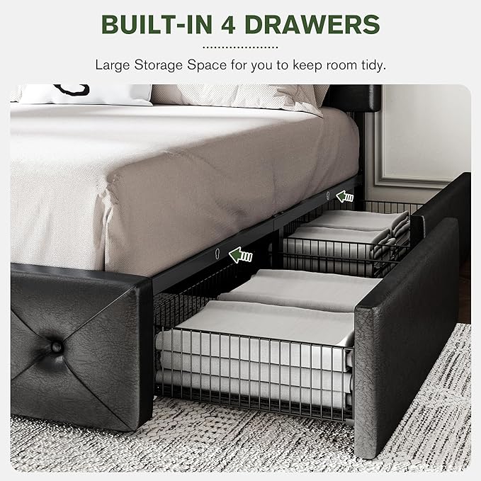 MUTICOR Queen Size Bed Frame with 4 Storage Drawers, Upholstered Platform Bed with Button Tufted Adjustable Headboard, No Box Spring Needed, Easy Assembly, Diamond Tufted, Black Leather