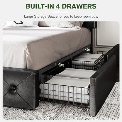 MUTICOR Queen Size Bed Frame with 4 Storage Drawers, Upholstered Platform Bed with Button Tufted Adjustable Headboard, No Box Spring Needed, Easy Assembly, Diamond Tufted, Black Leather