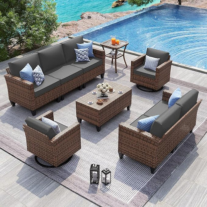 UDPATIO Patio Furniture Set, 6 Pieces Outdoor Conversation Sets with Rocking Swivel Chairs, Wicker Rattan Outdoor Sofa Set with Storage Table and Waterproof Covers for Backyard, Deck, Porch, Grey