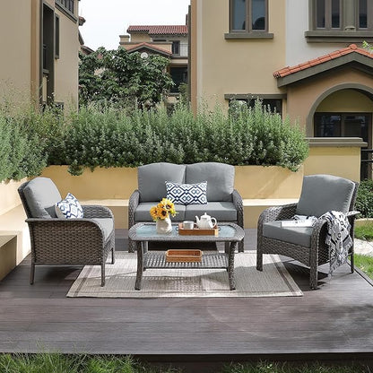 CAODOC 4-Piece Wicker Patio Furniture Set, All-Weather Rattan Conversation Bistro Loveseat Chair and Table Set for Backyard, Balcony and Deck with Soft Cushions and Metal Table(Dark Gray)